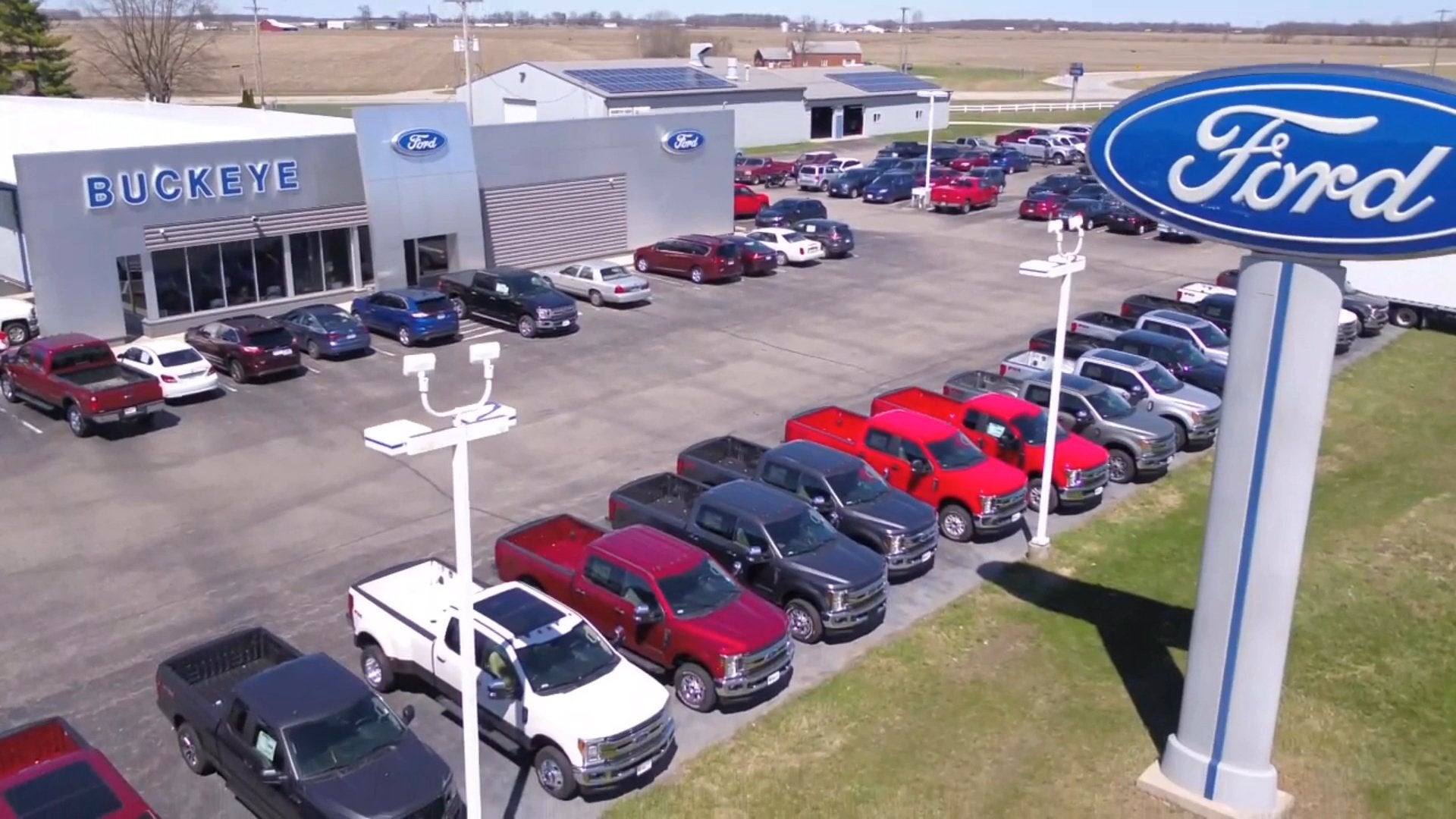 Image of Buckeye Ford's car lot from bird's-eye-view.